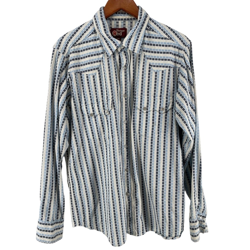 Vintage Red Western Shirt Mens Large Blue White Stripe Pearl Stripe Retro Cowboy